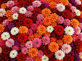 Colorful floral arrangement; bright, vibrant, close-up of dahlias and other blooms