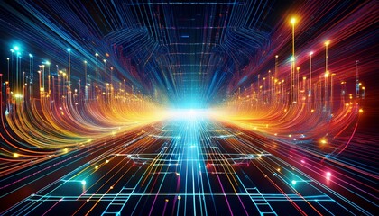 energetic digital network graphic with data pathways radiating outward from central nodes creating a dynamic and vibrant visual representation of technology and information
