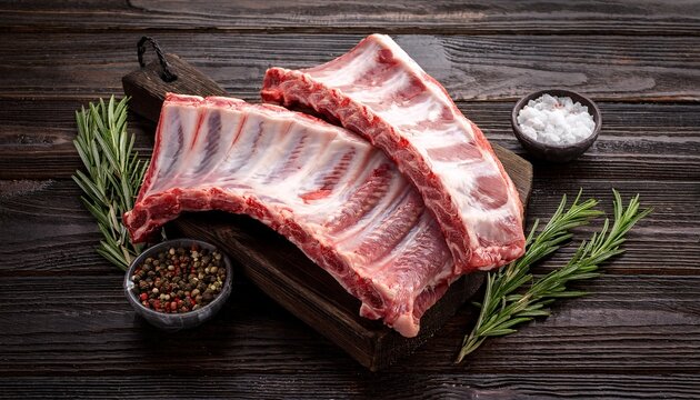 Raw Pork Ribs With Spices Salt And Rosemary On Dark Wooden Background - Powered by Adobe