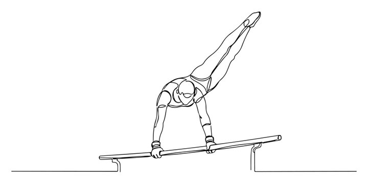 Continuous one line drawing of a gymnast performing a parallel bars routine, symbolizing strength, control, and grace, style vector illustration.