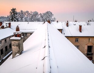 Snow-covered rooftop in a picturesque European village at sunset
