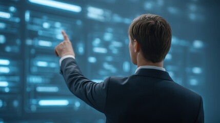Businessman Engaging with Digital Interface and Technology in Modern Office Environment with Data and Graphics Displayed on Screen