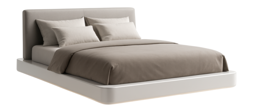A sleek platform bed with a glossy finish and LED lights, perfect for a modern condo.