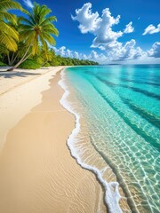 Tropical beach scene with turquoise water, white sand, palm trees, and a blue sky