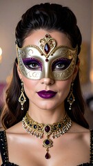 Woman in ornate gold and purple mask, jewelry