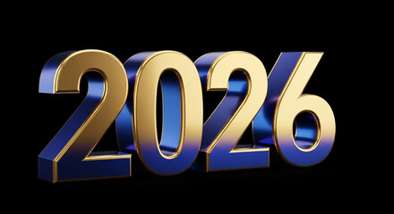 2026 New Year Celebration: Golden and Blue Metallic Numbers on Black