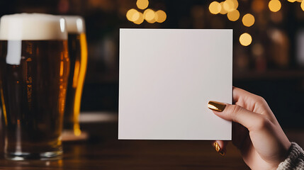 Blank card held at a bar with beer, illuminated by soft, warm lights. Ideal for showcasing menus, offers, or personalized messages in a relaxed setting.