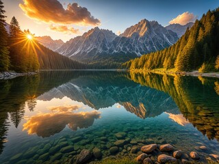 Sunset over a serene lake reflecting mountains and forest. Golden light