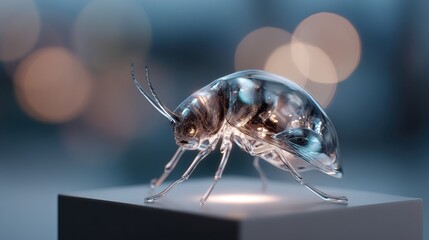 Transparent glass-like sculpture of an insect with antennae on display, beautifully illuminated with soft glowing lights in the background, showcasing artistic craftsmanship