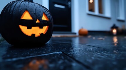 Glowing carved pumpkin with classic jack o'lantern face on dark wooden porch during evening hours, creating spooky Halloween atmosphere with bokeh lights in background.
