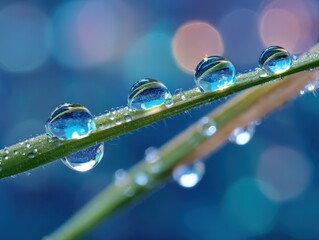Droplets delicately balance on green grass blades, refracting light against a blurred blue and orange bokeh background, creating a stunning macro nature scene full of vibrant colors
