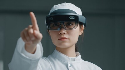 Female Scientist Using Augmented Reality Glasses in Laboratory Environment for Innovative Technology and Research Advancement in Modern Science