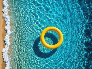 Aerial view of sandy beach, shimmering water, yellow inflatable ring