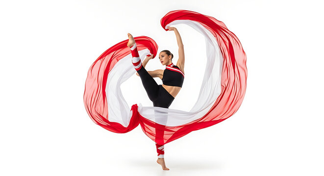 Austrian national day woman dancer performing contemporary dance with red and white fabric on white background studio shot art - Powered by Adobe