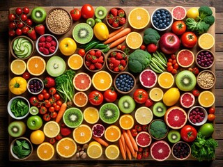 Colorful array of fresh fruits and vegetables arranged on a wooden board