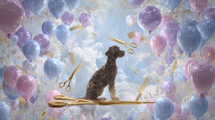 Dreamy canine in a balloon fantasy with scissors and combs - conceptual sky scene, Pet Groomer Appreciation Day