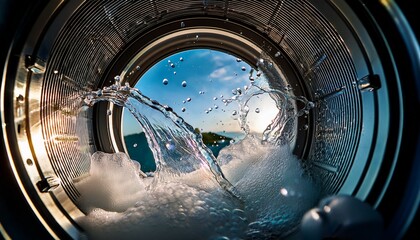 water splashes inside a washing machine drum creating soap suds and bubbles during the washing cycle offering a dynamic view of the laundry process