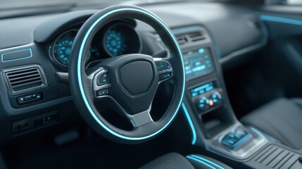 Futuristic Car Dashboard with Modern Design Elements and Ambient Lighting in a Sleek Interior for Automotive Enthusiasts and Designers to Explore
