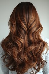 Fototapeta premium Luxurious wavy brown hair with copper balayage highlights shown from behind, demonstrating professional hair coloring and styling technique for salon marketing.