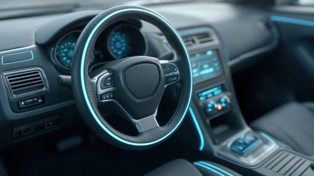 Futuristic Car Dashboard with Modern Design Elements and Ambient Lighting in a Sleek Interior for Automotive Enthusiasts and Designers to Explore