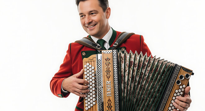 Austrian national day man playing steirische harmonika accordion in traditional austrian clothing on white background studio shot