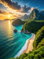 Tropical paradise turquoise sea, golden sand, lush mountains, sunset sky