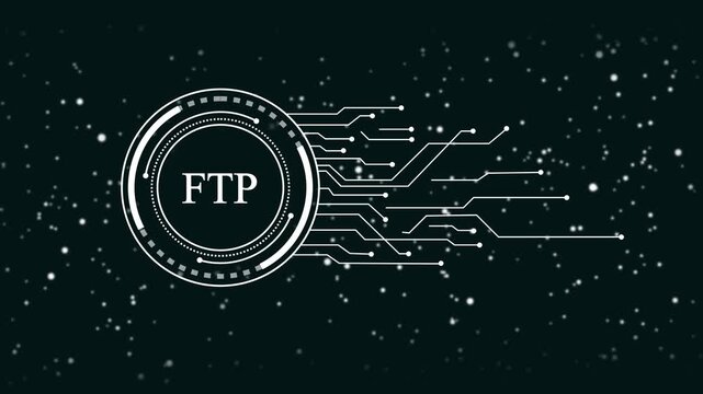 F T P data transfer technology concept digital network connection file transfer protocol abstract futuristic H U D interface with glowing particles and circuit lines on dark