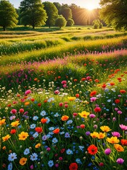 Meadow bursting with colorful wildflowers and a bright, sunny sky