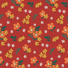 Seamless floral pattern, liberty ditsy print in a retro motif. Simple botanical design, nature ornament of small hand-drawn plants, yellow flowers, tiny leaves abstract on red. Vector illustration.