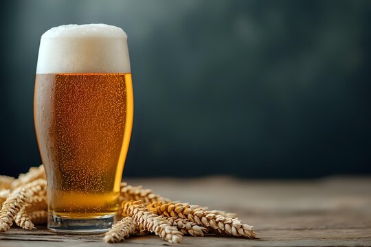 Glass of cold craft beer with foam head and wheat ears on rustic wooden table against dark background, fresh draught ale with condensation droplets.