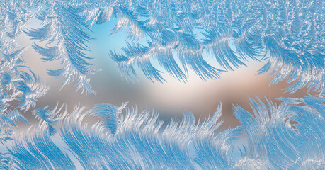 Winter background with small patterns on glass, crystals and snowy branches,