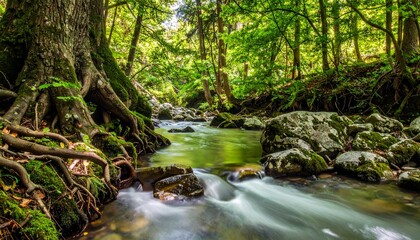 Fototapeta premium Forest with smooth river stones and clear water flowing gently between tree roots in a shaded ravine