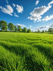Lush green field with trees under a bright blue sky and puffy white clouds