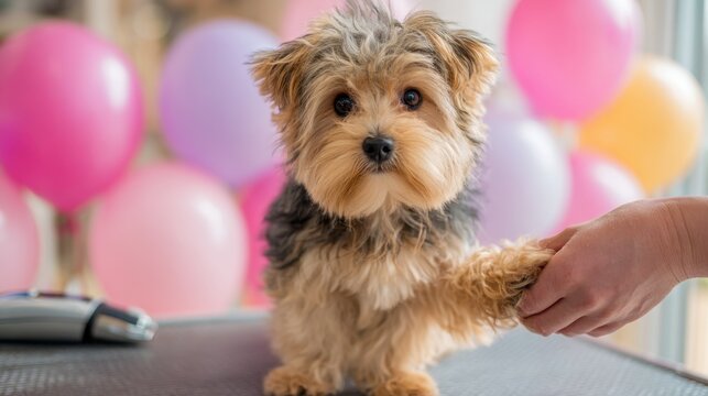 Adorable yorkshire terrier puppy with balloons for a celebration or party scene, Pet Groomer Appreciation Day
