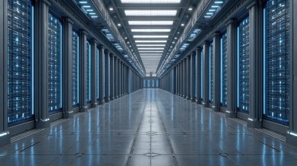 Futuristic Data Center Interior with Columns and Blue Neon Lighting, High-Tech Environment for Server Management and IT Infrastructure