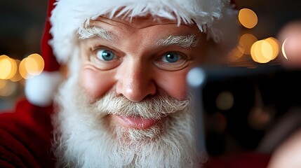 Close up portrait of smiling senior man with natural white beard wearing red and white Christmas hat against blurred holiday lights background, festive winter season.