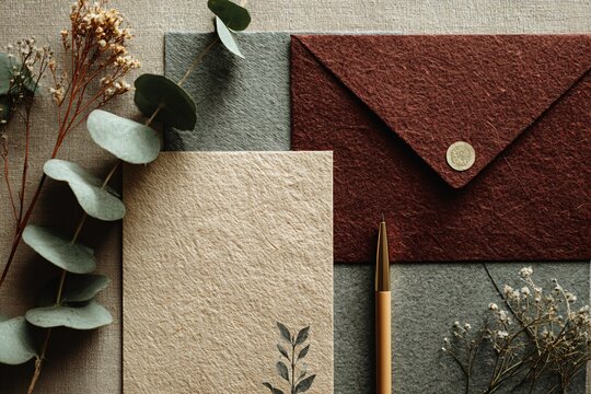 Envelope and card with botanical elements on textured surface in warm neutral tones.