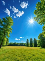Sunny day with lush green trees framing a vibrant meadow under a bright blue sky