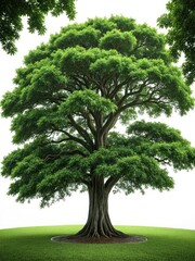 Lush, green tree with wide canopy against white sky, standing on grass
