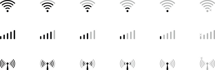 Vector illustration of telecom and mobile network icons featuring antenna, signal, tower, 5G, Wi-Fi, satellite, and mobile symbols in flat, line, and abstract styles for tech designs.