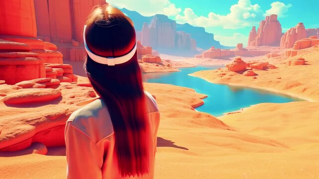 A person wearing VR glasses, experiencing a surreal desert landscape with a blue lake under a bright sky