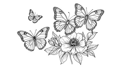 Elegant black and white illustration of butterflies and flowers.  Detailed line art of monarch-like butterflies flitting amongst delicate rose-like blossoms and leaves
