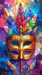 Mask with colorful feathers and a vibrant background