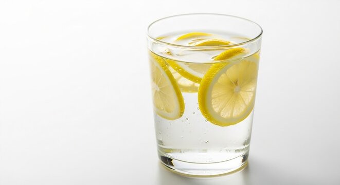 A clear white class with lemon inside it,clear lemon water glass on white background
