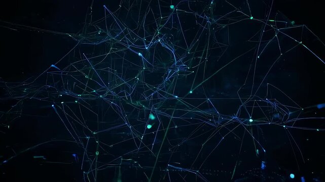Abstract network of glowing blue and green lines on a dark background. Interconnected nodes form a pattern