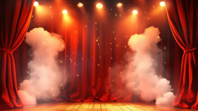 Bright stage lights illuminate red curtains before a performance starts
