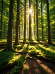 Sunburst through tall green trees, illuminating a forest path