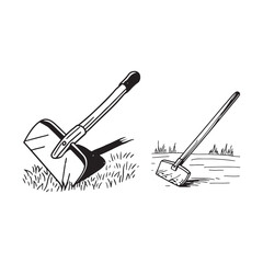 Hand-drawn Illustrations of Garden Shovels in Soil and Grass