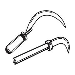 Two curved sickle tools, agricultural equipment, harvesting.