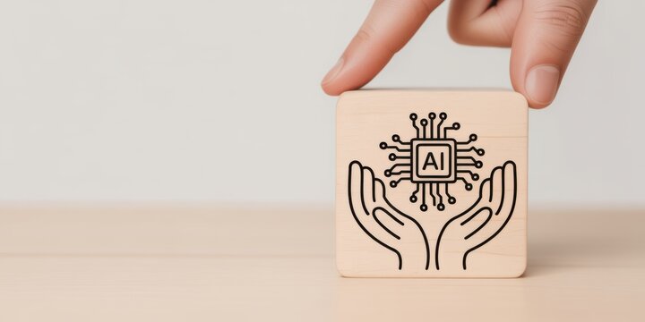 AI in Safe Hands: A hand gently cradles a wooden block bearing the symbol of artificial intelligence, representing trust and responsibility in the future of AI.